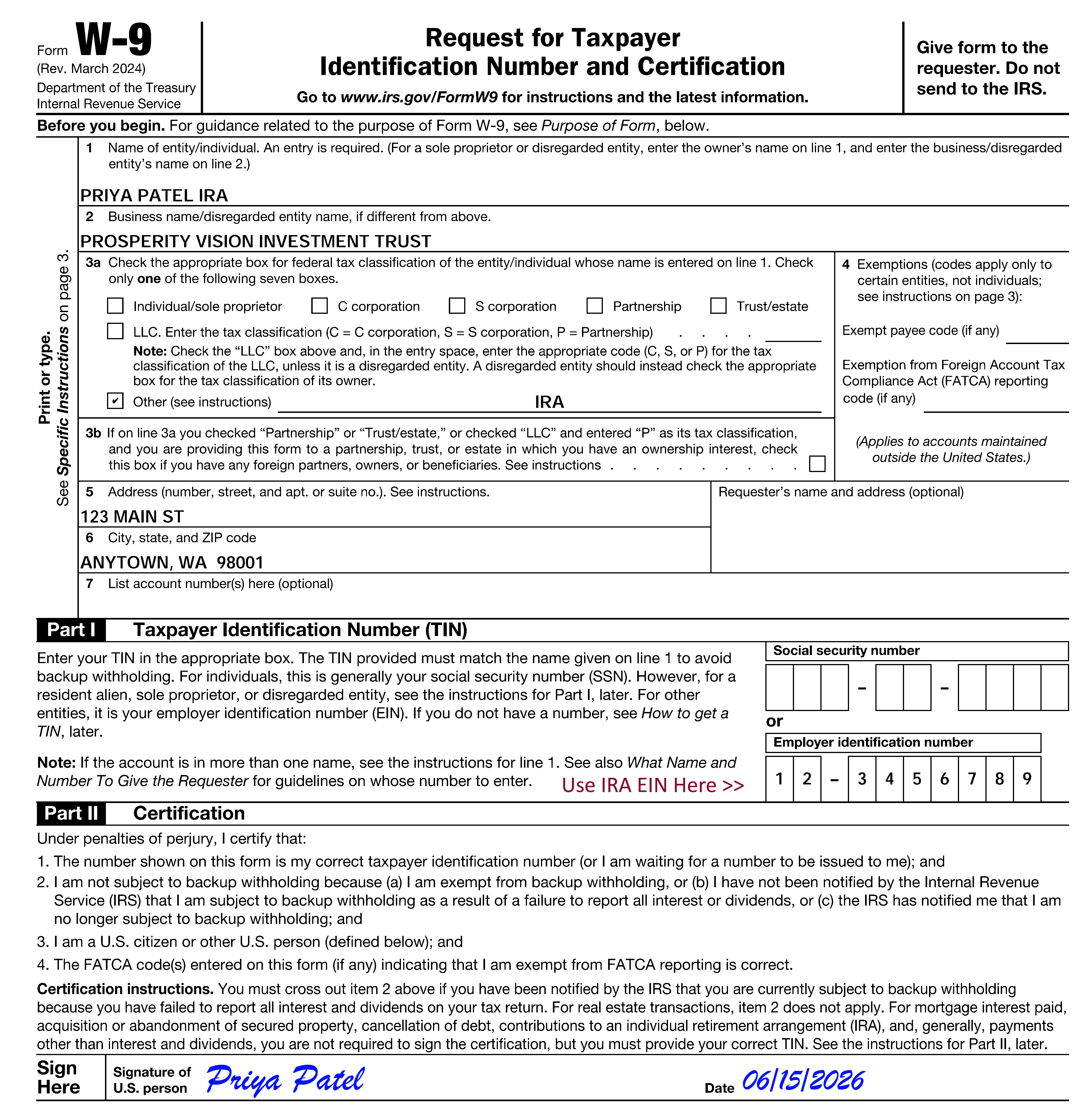 IRS form W-9 sample